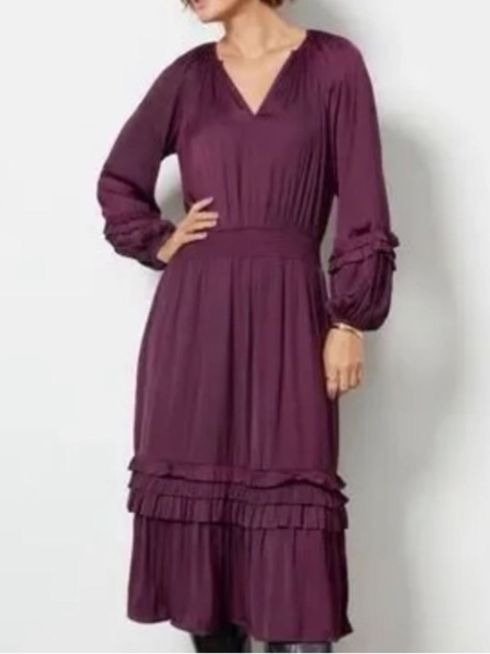 Evereve Layla Pleated Midi Dress Purple Plum Sz M Romantic Boho Whimsigoth